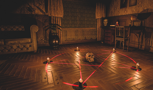 A ritual has a spell circle with a star and a skull in the middle.