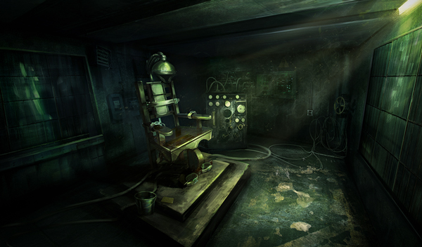 An electric chair in an eerie green prison.