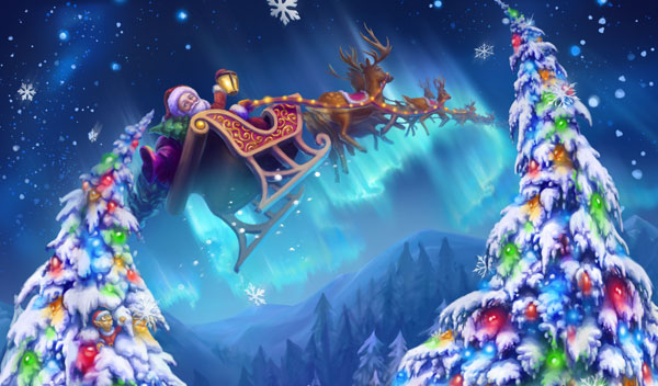 Santa waves as he zooms by in his sleigh.