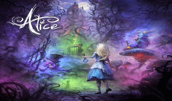 Poster for "Alice" virtual reality escape room. It shows Alice holding a key, the chesire cat and other creatures.