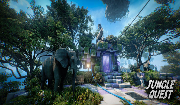 An Elephant strolls through the lush green of a floating island in jungle quest.
