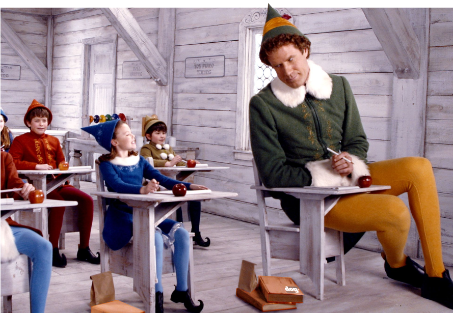 Will Ferrel as Buddy in Elf. Sat in Elf School. Books feature Sneaky Dog Escapes logo. 
