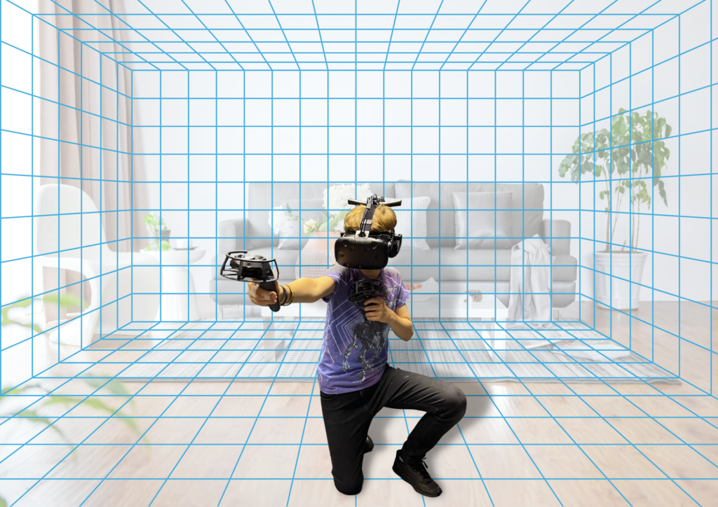 A virtual grid space overlays a living room. Inside is teenager playing Virtual Reality. This image explains how boundries are set to prevent contact with walls in Virtual reality.