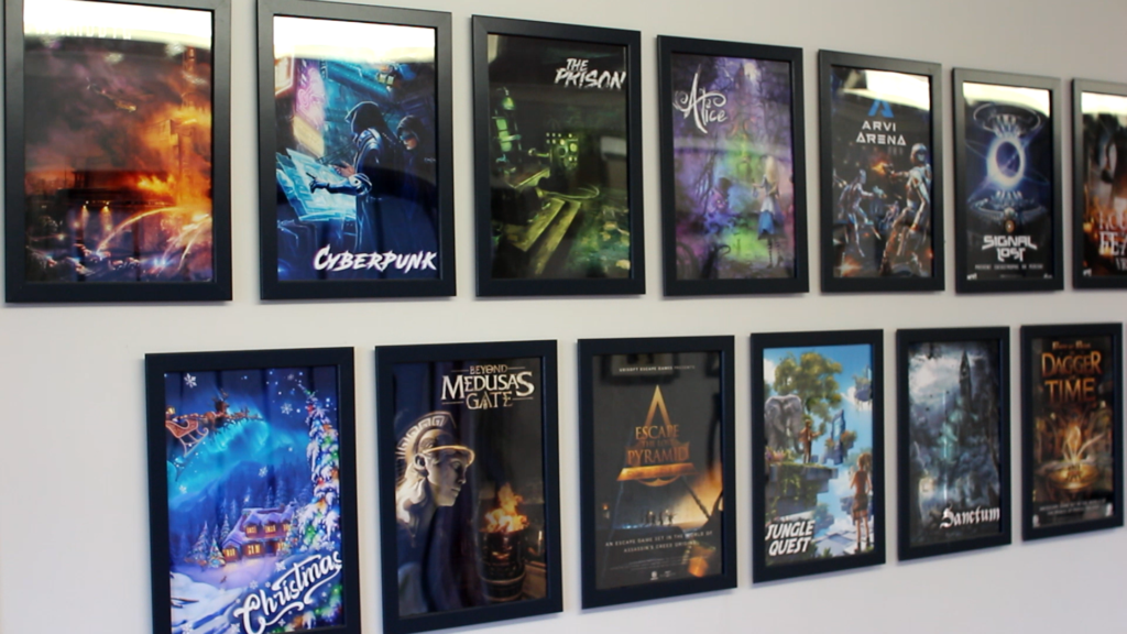Posters in reception of Sneaky Dog Escapes of their various VR virtual reality games.