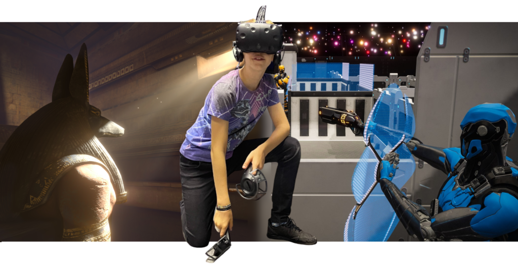 A teenager in virtual reality in front of 2 vr games; escape the lost pyramid and the arena.