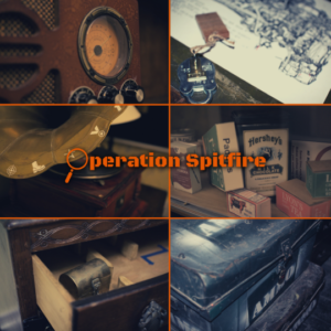 Photo collage of the escape room Operation Spitfire. A vintage radio, key with blueprints, grammerphone, cereals, lockbox and ammo crate.